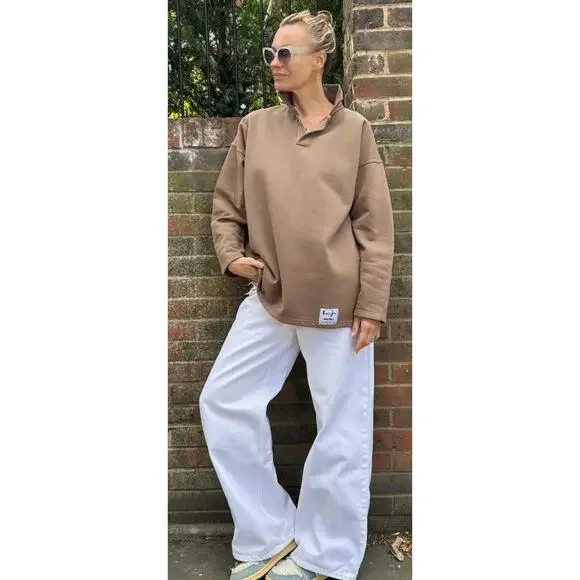 Sloppy Joe Collar 02 Beige Tan Pullover Rugby Sweatshirt Oversized Size 1 - Picture 8 of 8